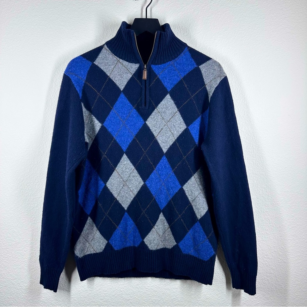 J. Crew 100% Lambs Wool Argyle Quarter Zip Sweater with Elbow Patch Large EUC